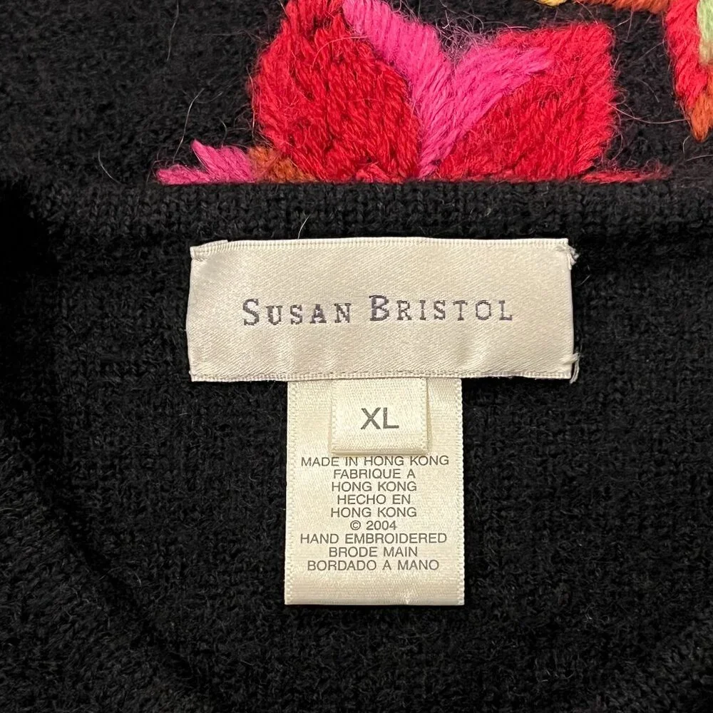 Susan Bristol Vtg Floral Button Cardigan, Black Wool, XL